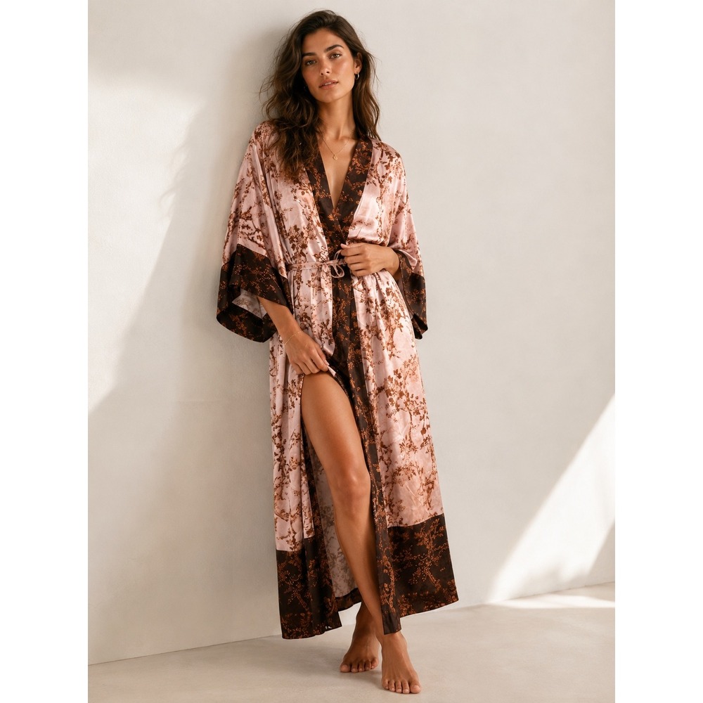Vintage Soft Surroundings Floral Print Maxi Robe Pink Brown Kimono Sleeve Large